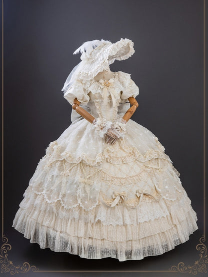 【9月10日予約締切】Red/Platinum Gold Rococo Fantasy Puff Sleeve Ribbon Tiered Princess Lolita Dress Bridal＋Full set[Op Dress + Feather Hat + Choker + Back Ribbon Train + Lace Gloves]