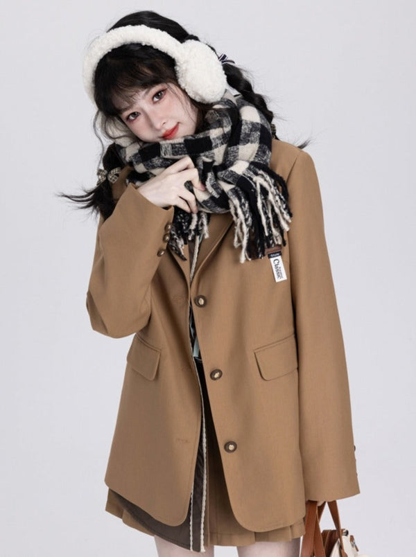 Over college style jacket + pleated skirt