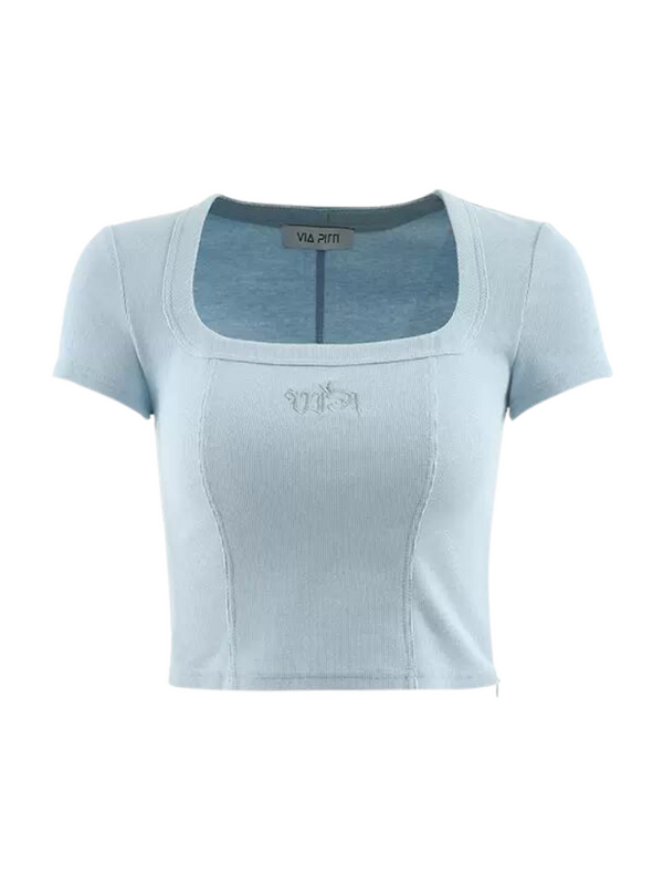 ワッフルスクエアカラースリムフィットトップス