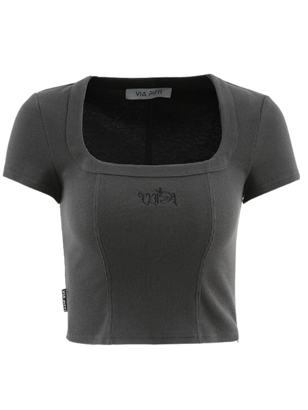 ワッフルスクエアカラースリムフィットトップス