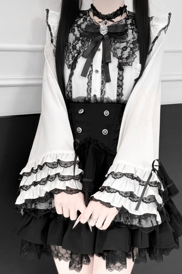 【3月13日予約締切】スイートティーレースプリンセススリーブリボンシャツ+ケーキスカート