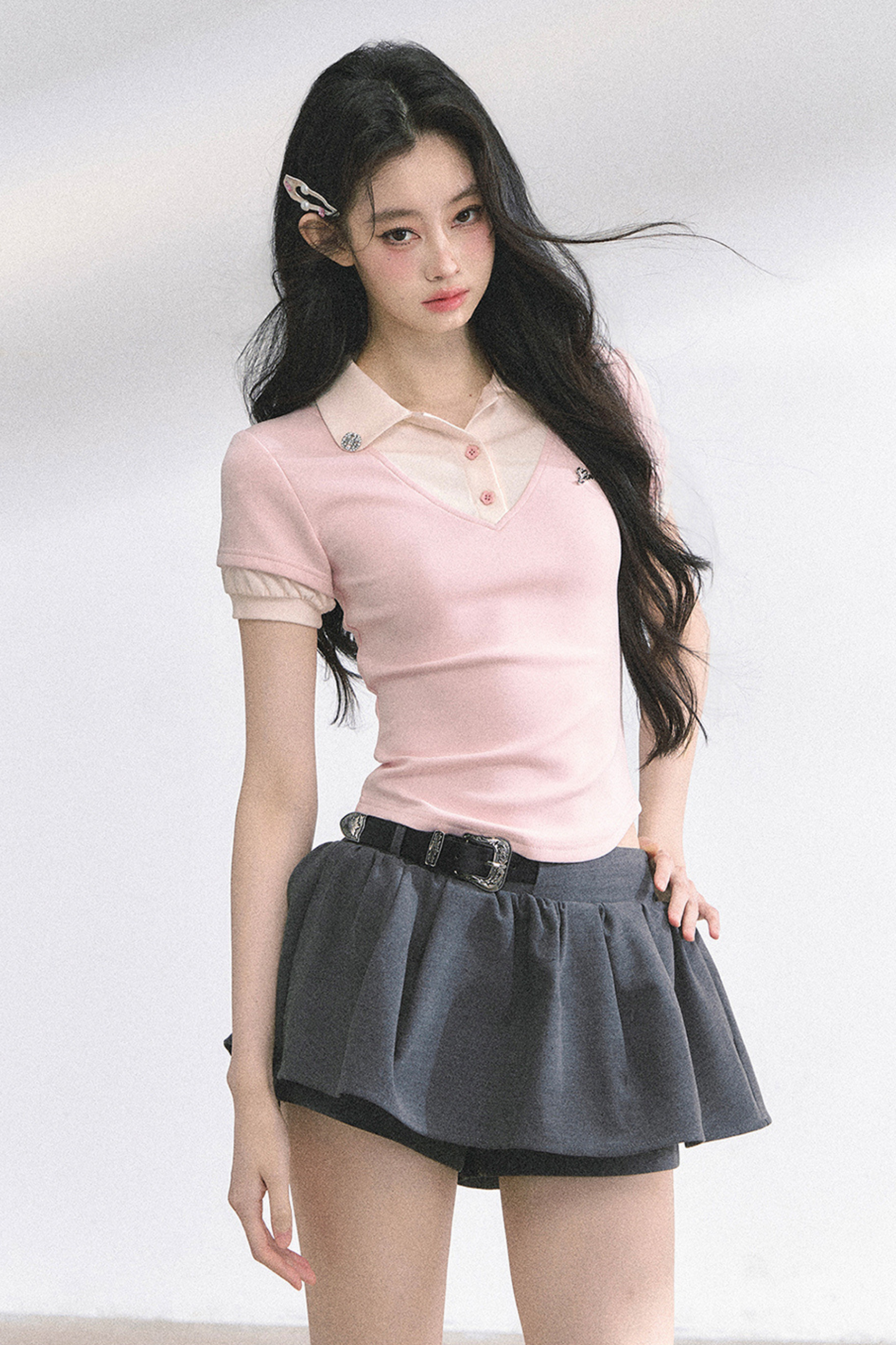 フレンチシャツタイトガーリートップス