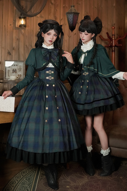 レトロカレッジスタイルチェックロリータスカート＋ジャケット＋マント＋ブラウス＋リボン＋ネックレス