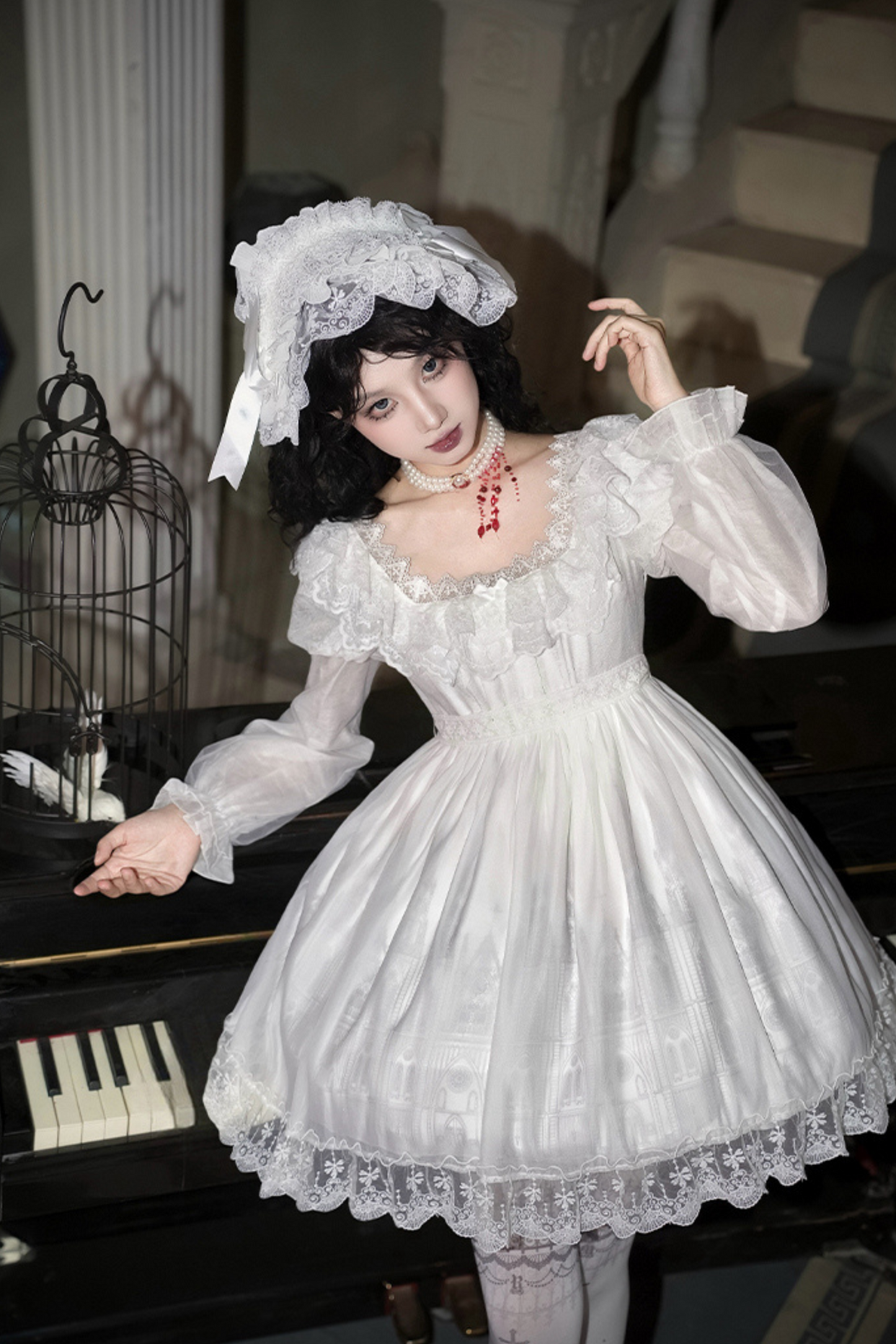 ゴシックツインズロリータドレス＋ハンドスリーブ＋ネックレス＋ヘッドバンド＋ベール＋コルセット＋取り外し可能カーテン＋コサージュ