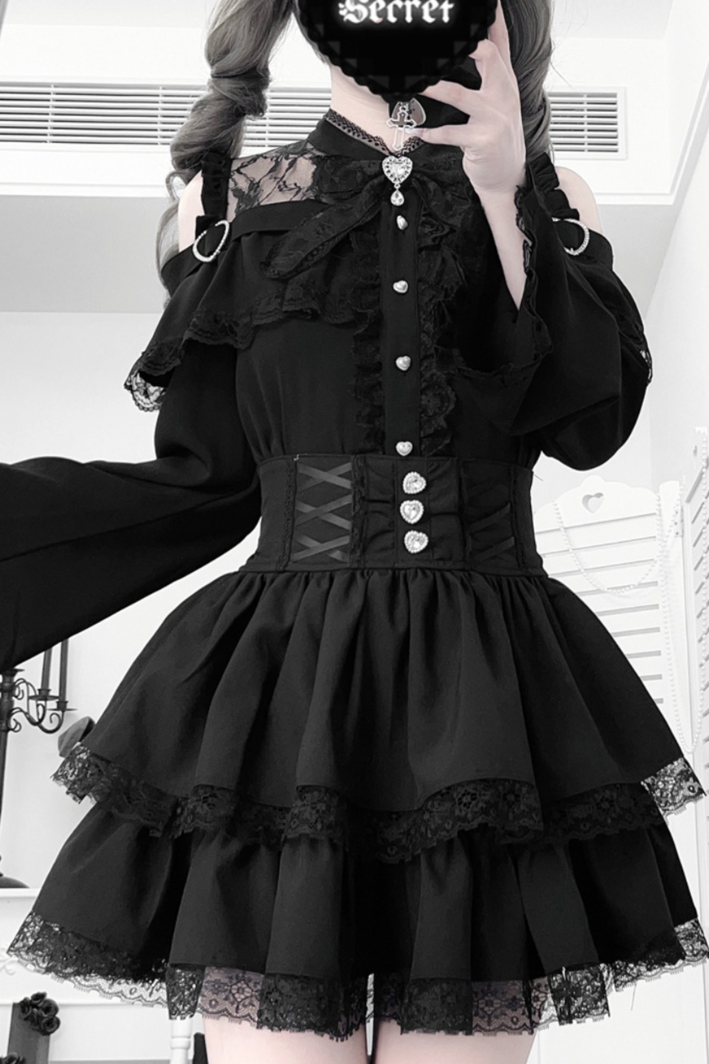 Lace off-the-shoulder shirt + lace-up skirt