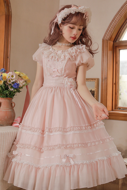 Cherry blossom color sweet princess Lolita dress + doll color top + sheer cardigan + apron