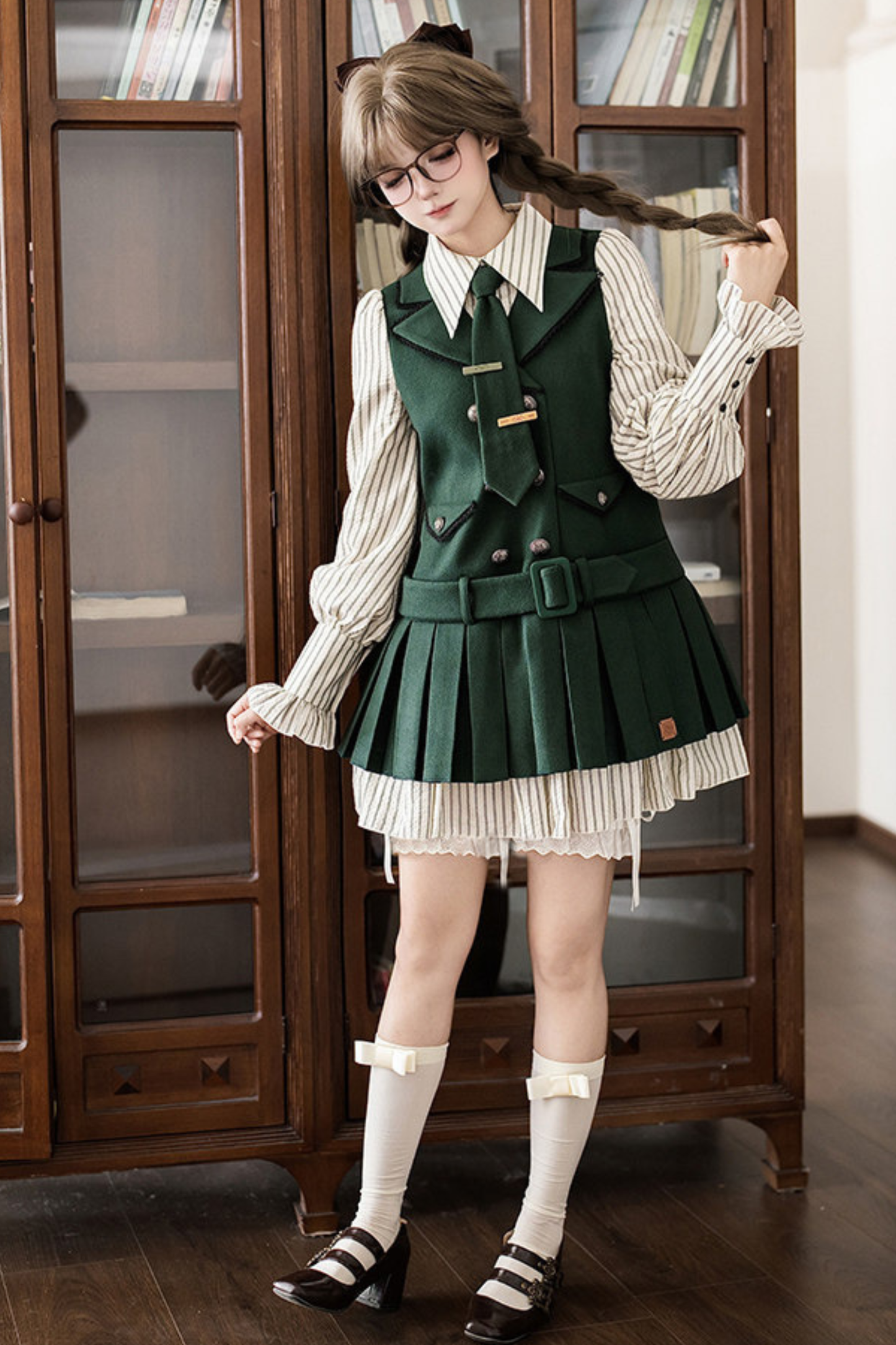 Baker Street Cloak Coat + Striped Dress + Pumpkin Pants + Hat