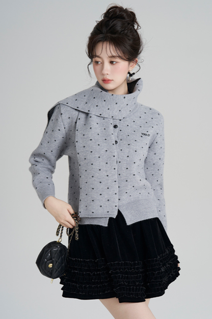 フレンチスタイルドットマフラー付きンカーディガン