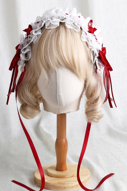 ローズレースロリータボンネット+ハット+ヘアバンド+クリップハット+クラウン