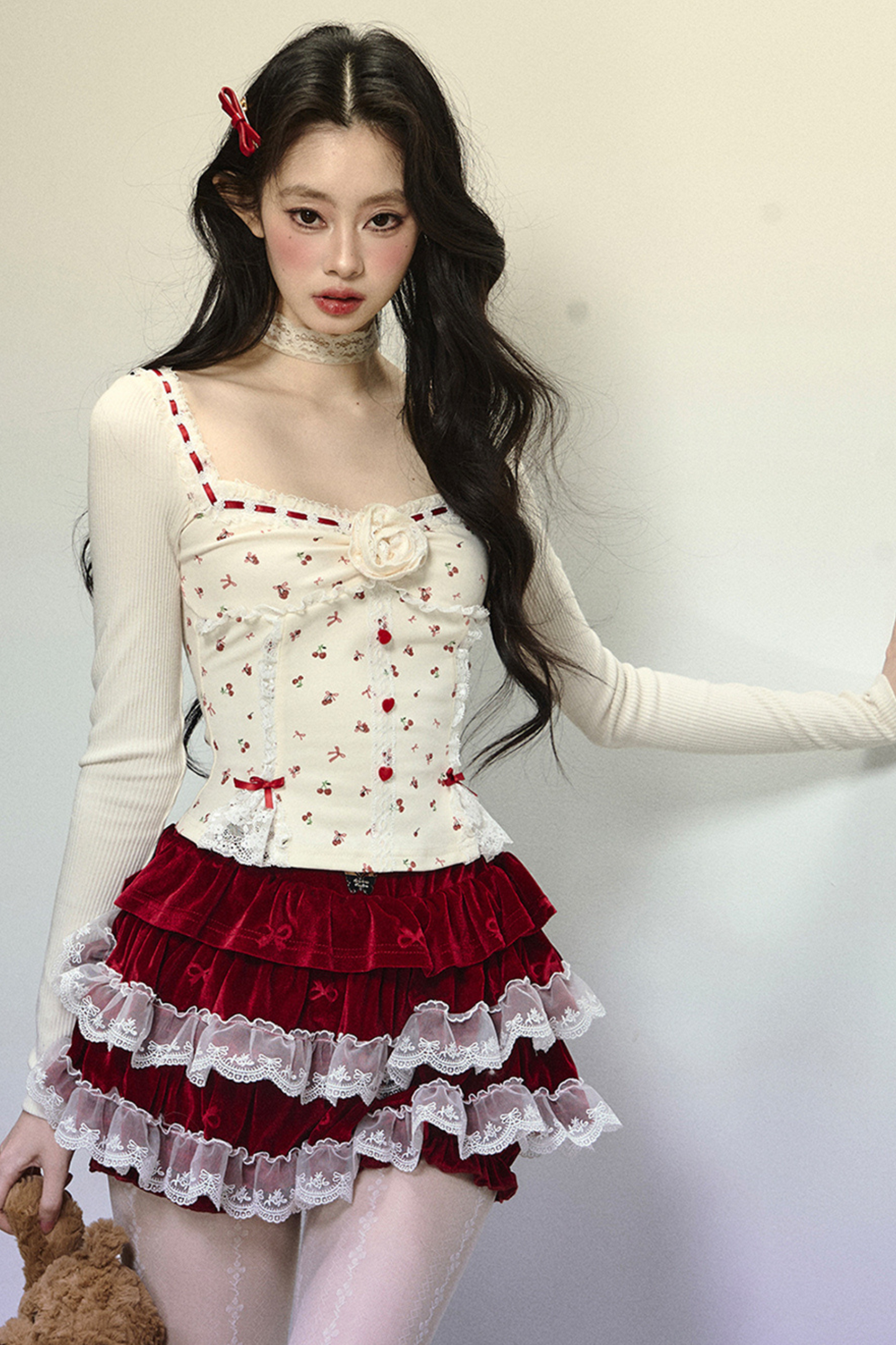 Lillian Lovesong Red Velvet Cardigan + Flower Top