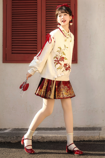 チャイナスノーニットベスト+シャツ+スカート