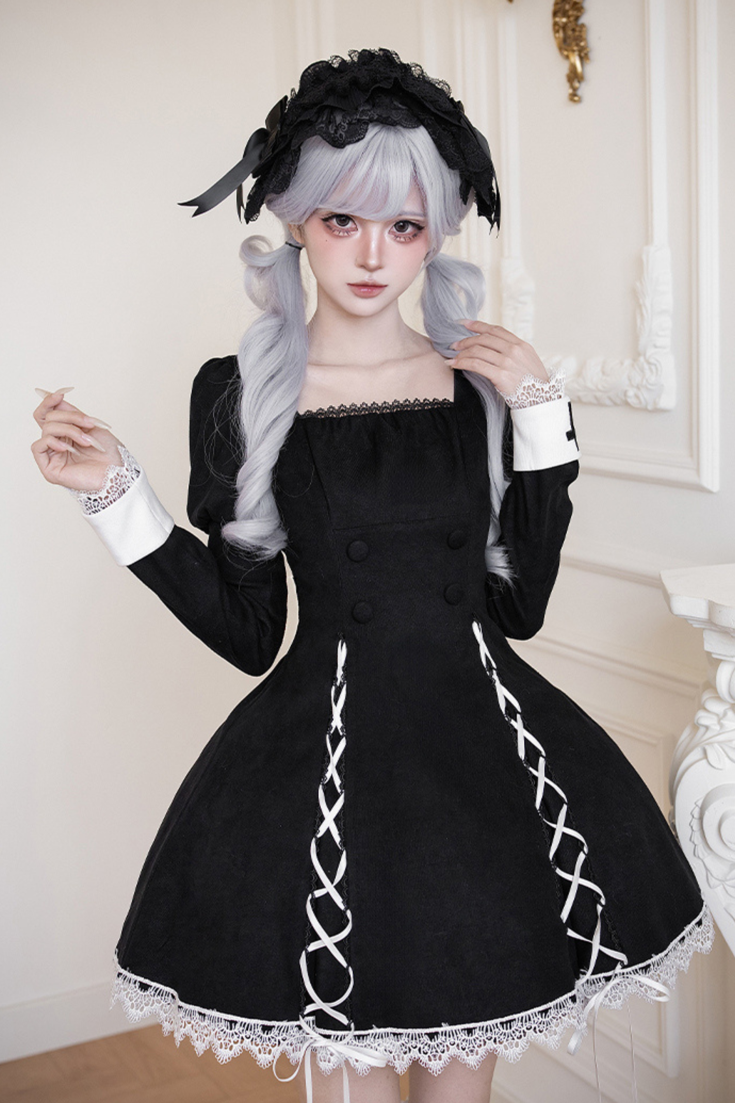 シックマーメイドドレス+レースアップショートドレス+マントコート+カラー+リボンブローチ