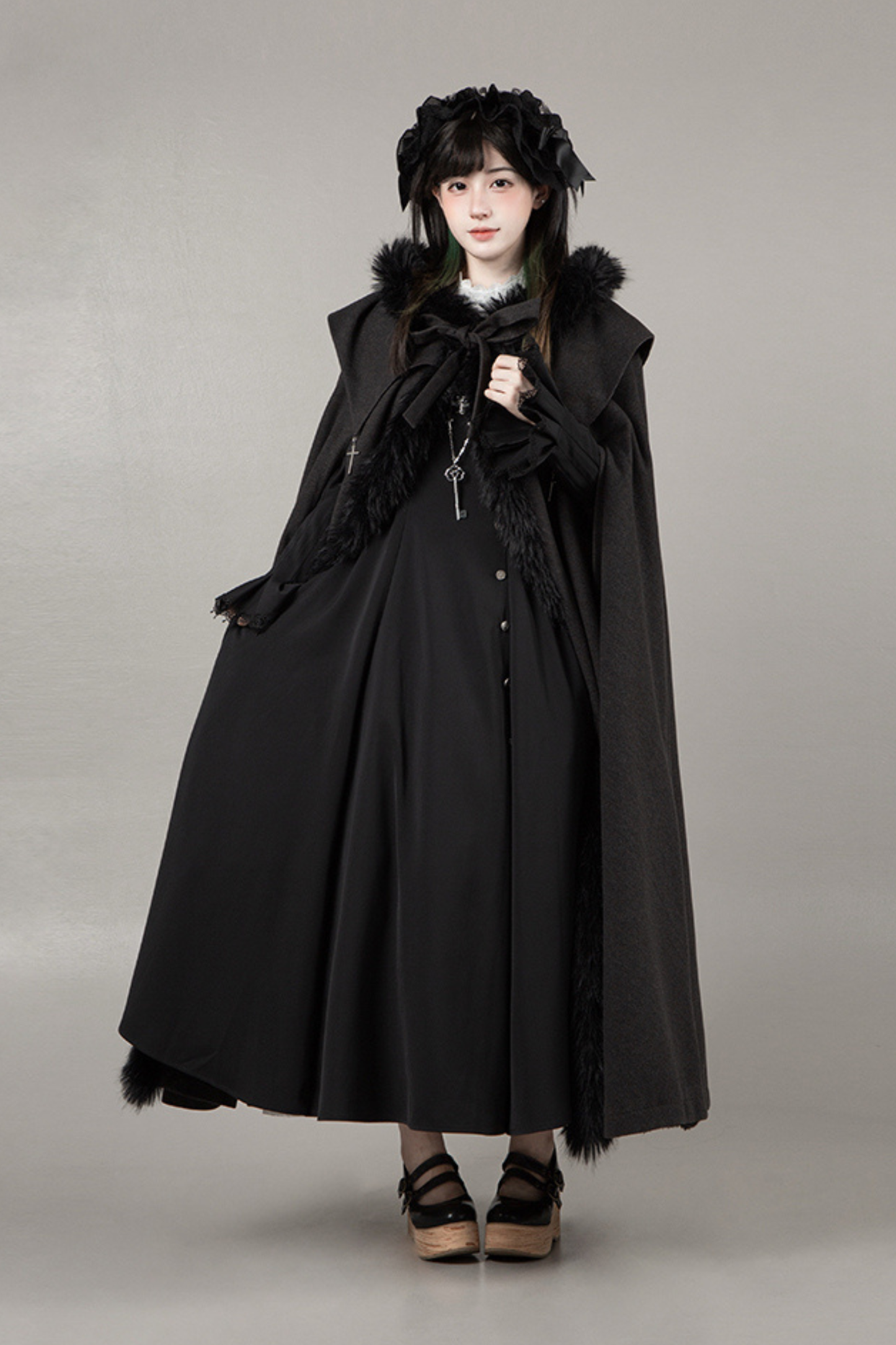 ダークゴシックフリースフードマント