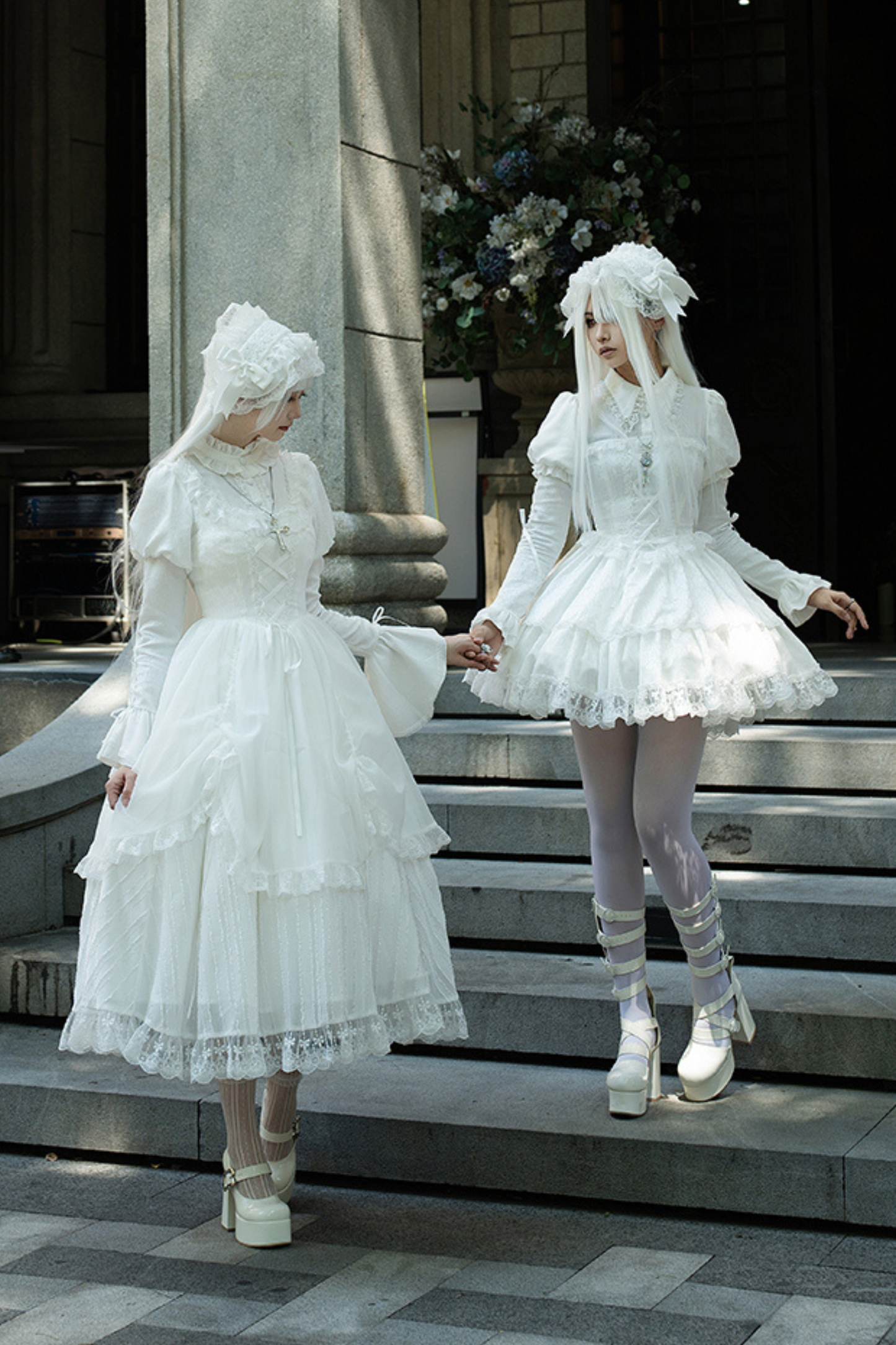 White gothic gemini Lolita dress + corset + ribbon + hair band + veil