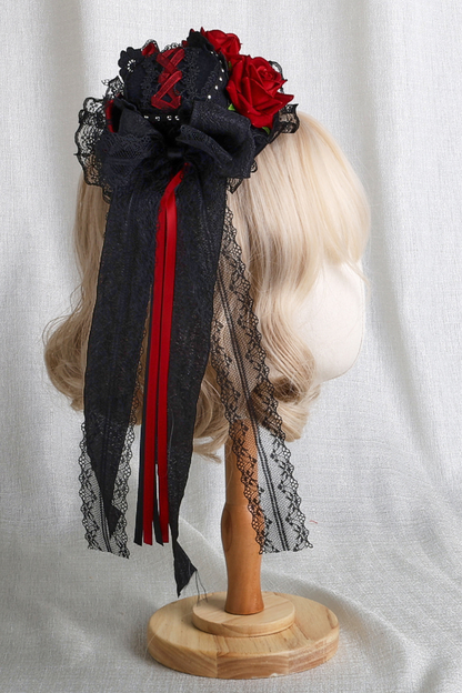 Dark Frilled Lolita Hairband + Flat Hat + Hat Clip + Ribbon Clip + Sleeve