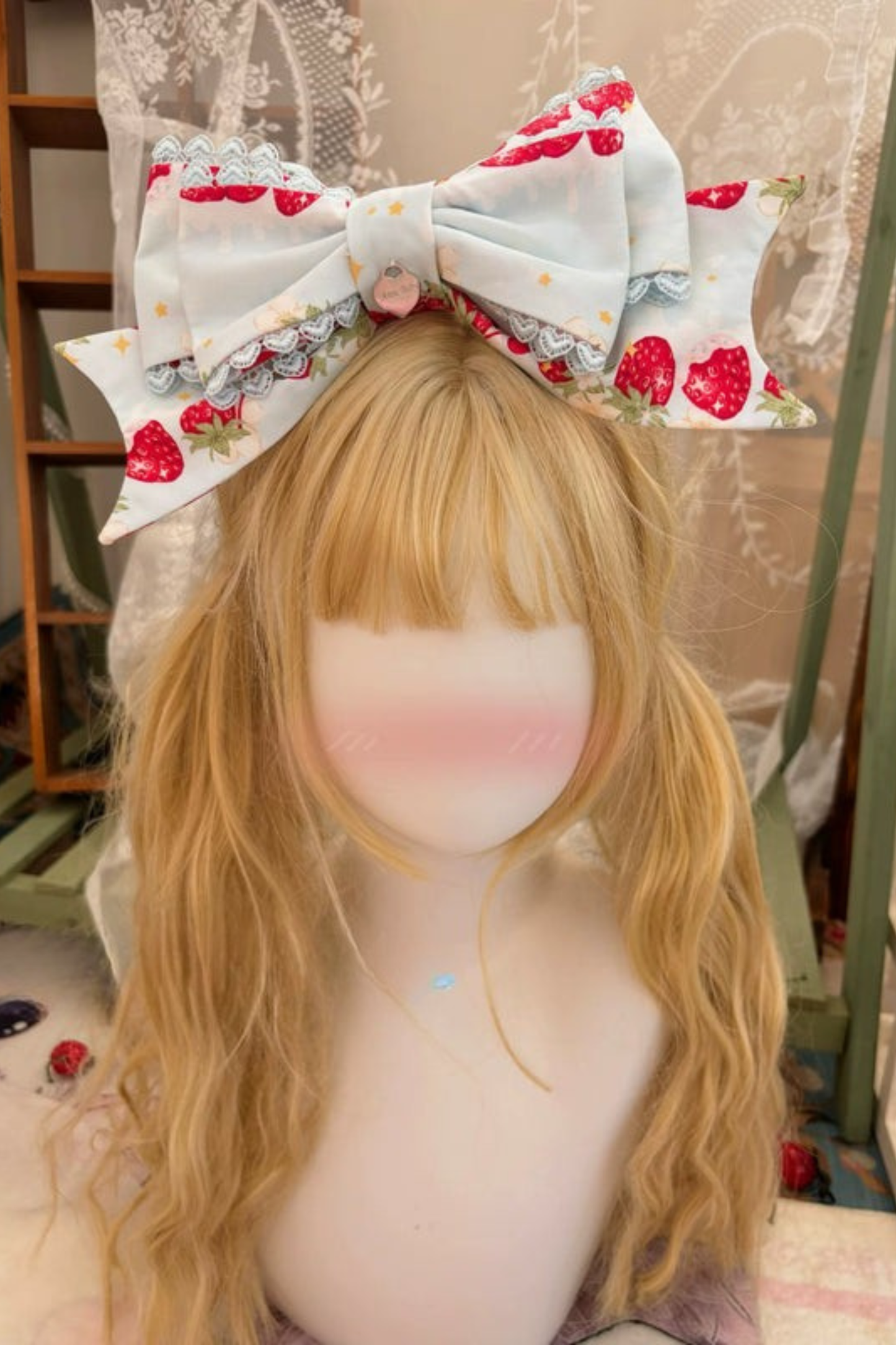 ストロベリーロリータジャンパースカート+ラビットヘアスカーフ+ビッグリボン+トップス+ハット+ボンネット