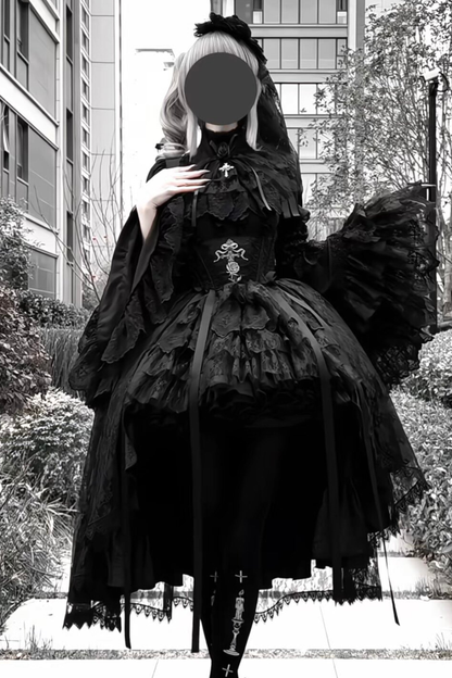 【Vorbestellung bis 18. März】 Dark Kawaii Gothic Lolita Rock + Shirt + Haarband + Hut + Ärmel