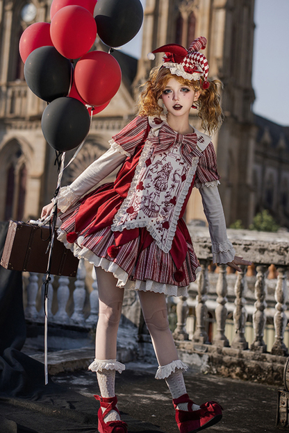 ドールサーカスピエロロリータドレス+カチューシャ+ベルト+リボン+カチューシャ+バッフル