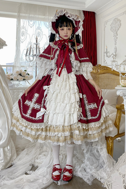 ゴシックドールレースジャンパースカート+ベイビーキャップ+ヘアバンド+ショール