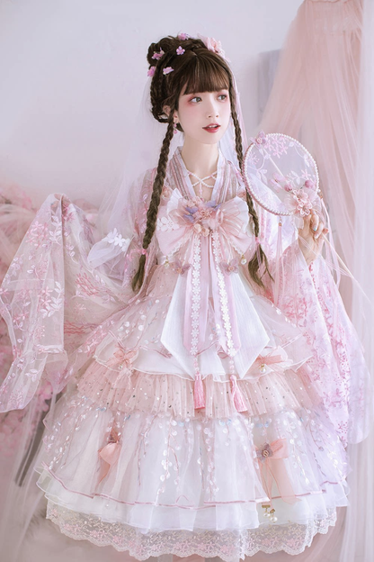 사쿠라 스위트 차이나 로리타 셔츠 + 목걸이 + 리본 + 베일 + 클립