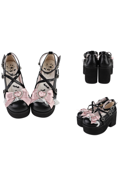 レイシープパフロリータレースラインストーンリボンフラットフォームシューズ