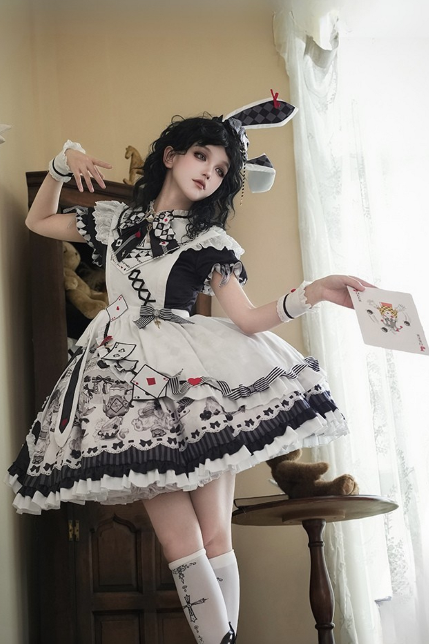 【数量限定】アリスティーパーティーアシメエプロンドレス＋うさ耳ハットドレスフルセット