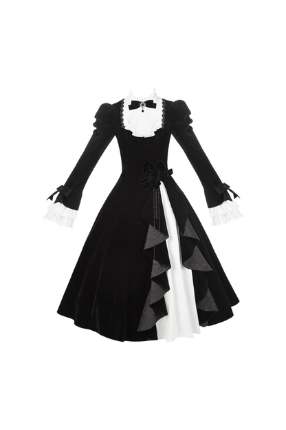 エレガントスリムコントラストカラーツインドレス+カラー+リボン+ブローチ+ハット