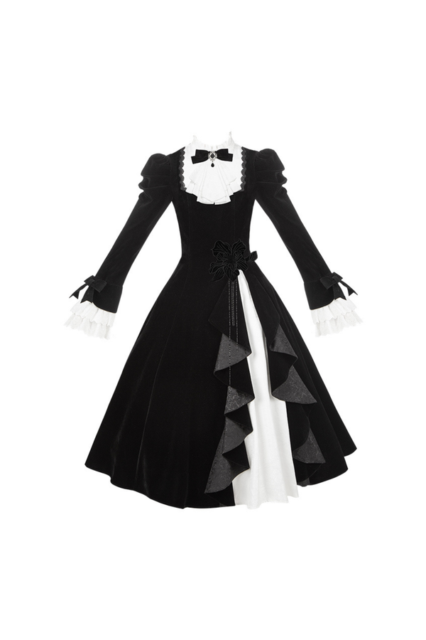 エレガントスリムコントラストカラーツインドレス+カラー+リボン+ブローチ+ハット