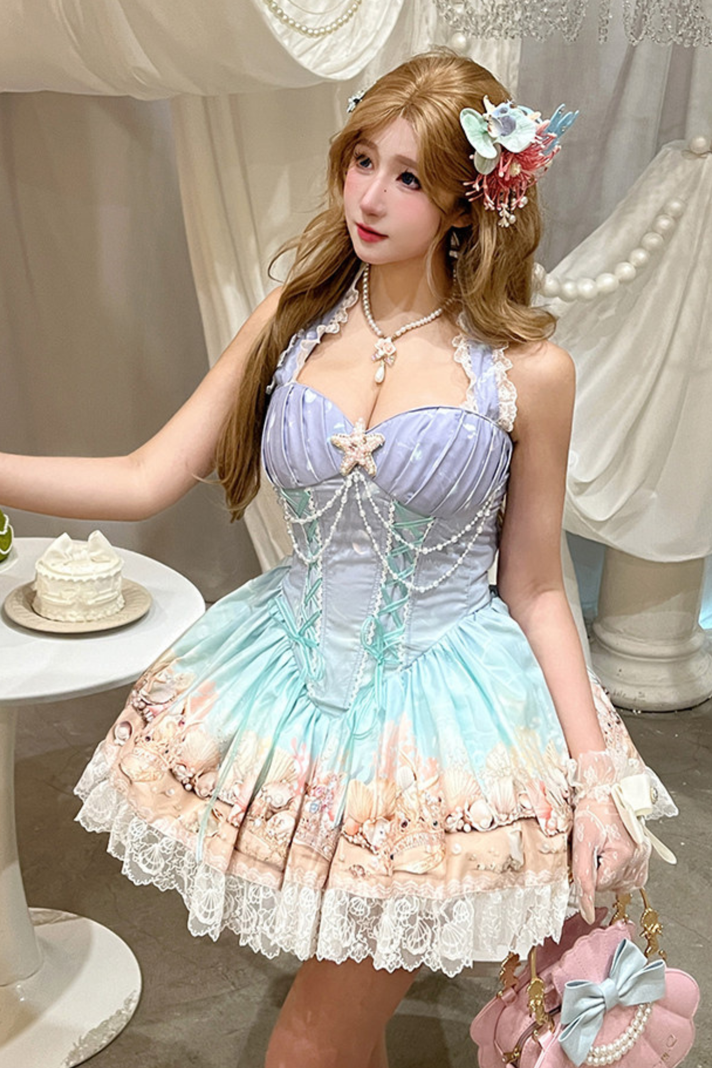 グラデーションバブルハルターネックフレンチドレス+スカート