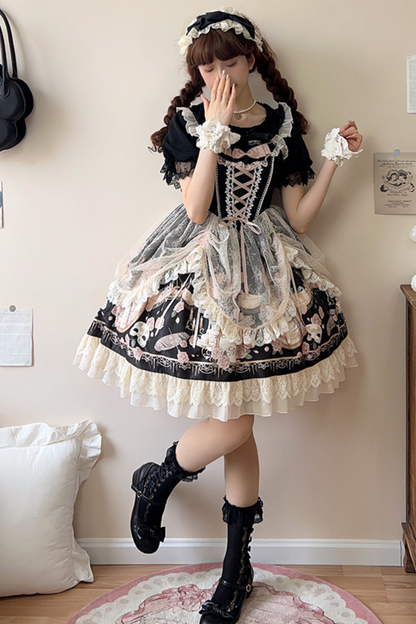 Daily Color Sweet Princess Jumper Skirt + Lace Doll Shirt