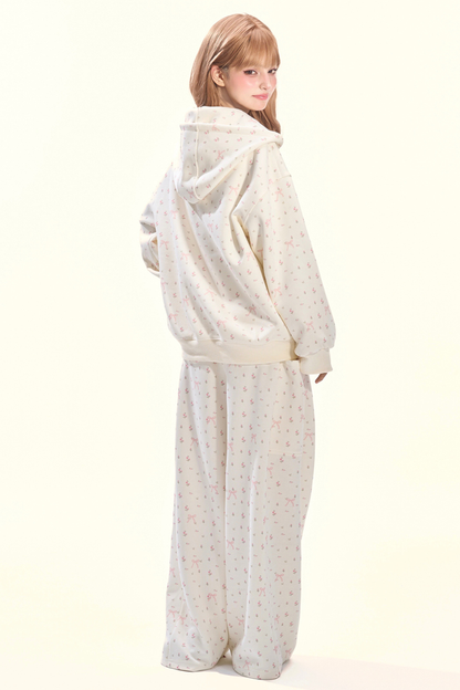 リトルキュートフラワーフードパーカー+リボンキャミソール+ワイドパンツ