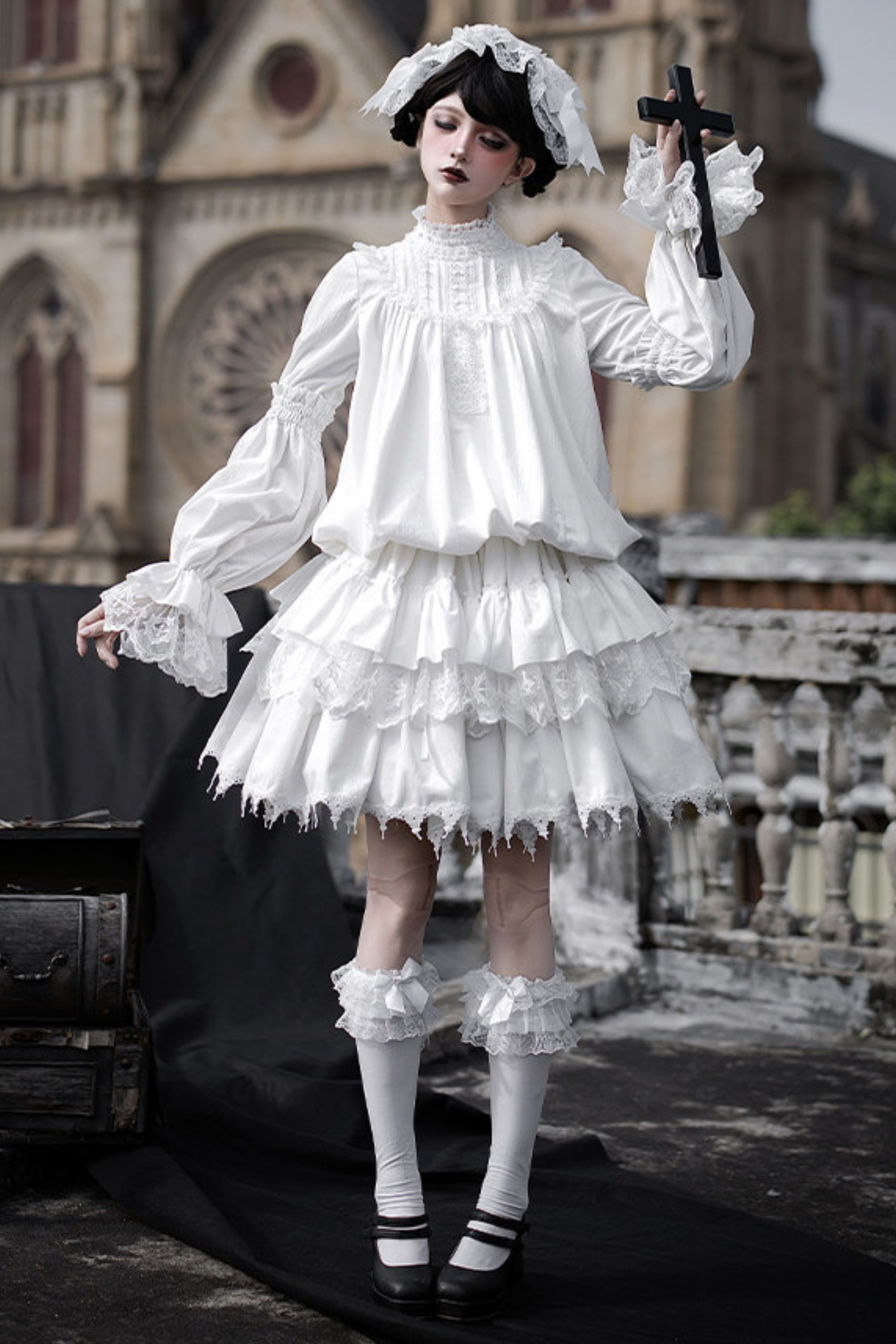 Gothic Doll Multi-Tiered Dress + Belt + Fake Collar + Hairband