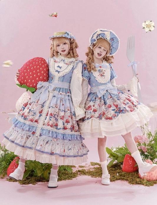 [Vorbestellung] Hasen-Berry-Stickereidruck-Kleid + Haube + Hut