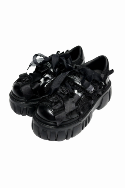 【12月8日予約締切】ブラックホワイトリボンエンジェルプラットフォームパンクサブカルスニーカー