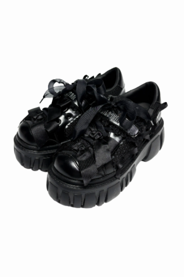 【12月8日予約締切】ブラックホワイトリボンエンジェルプラットフォームパンクサブカルスニーカー