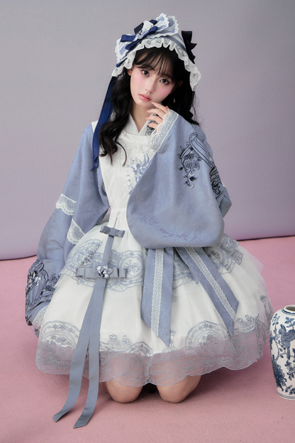 귀여운 차이나 재킷 + 스커트 + 오버스커트 + 리본 + 브로치 + 헤어밴드