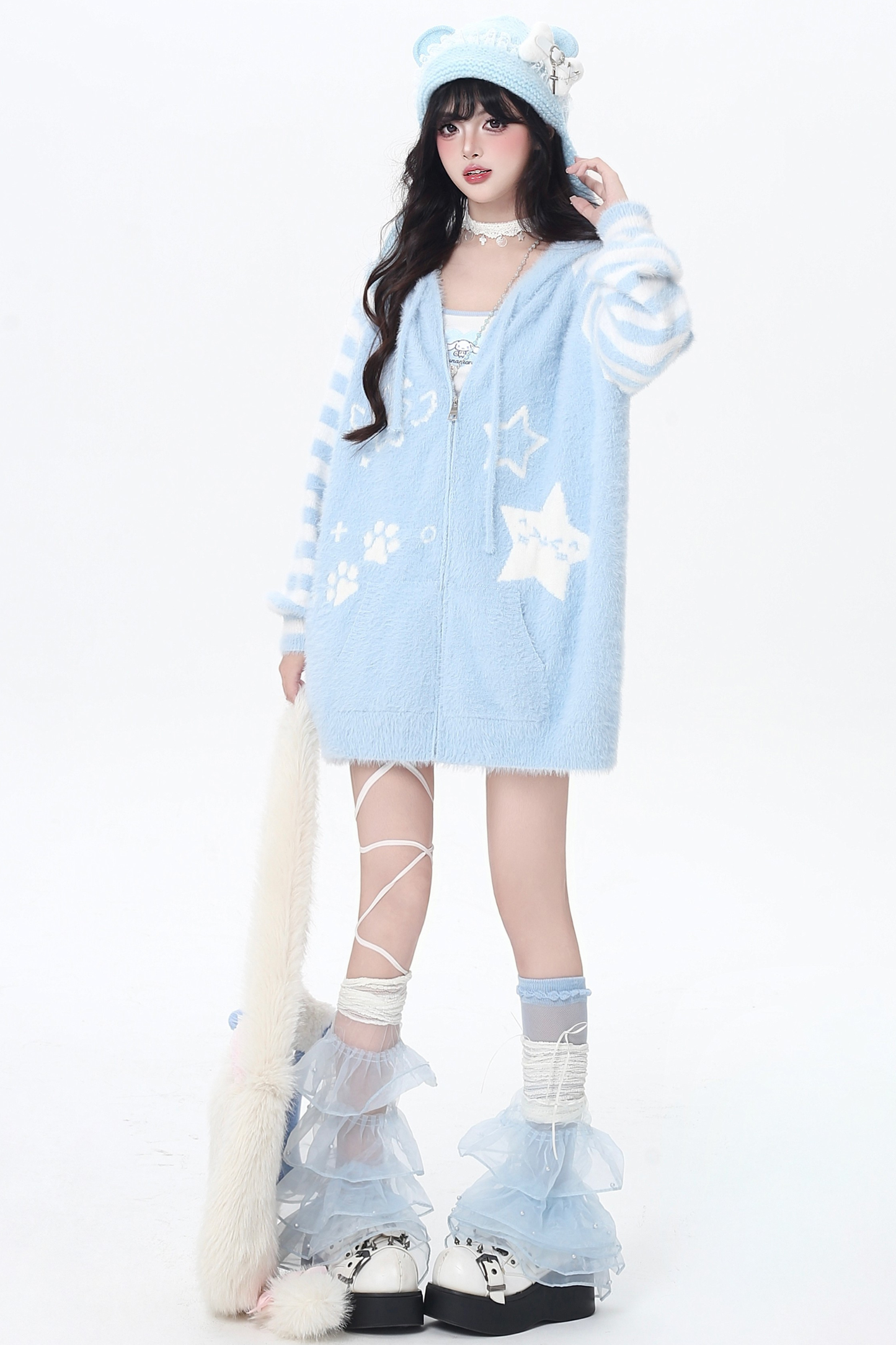 Star Line Striped Hooded Knit Cardigan