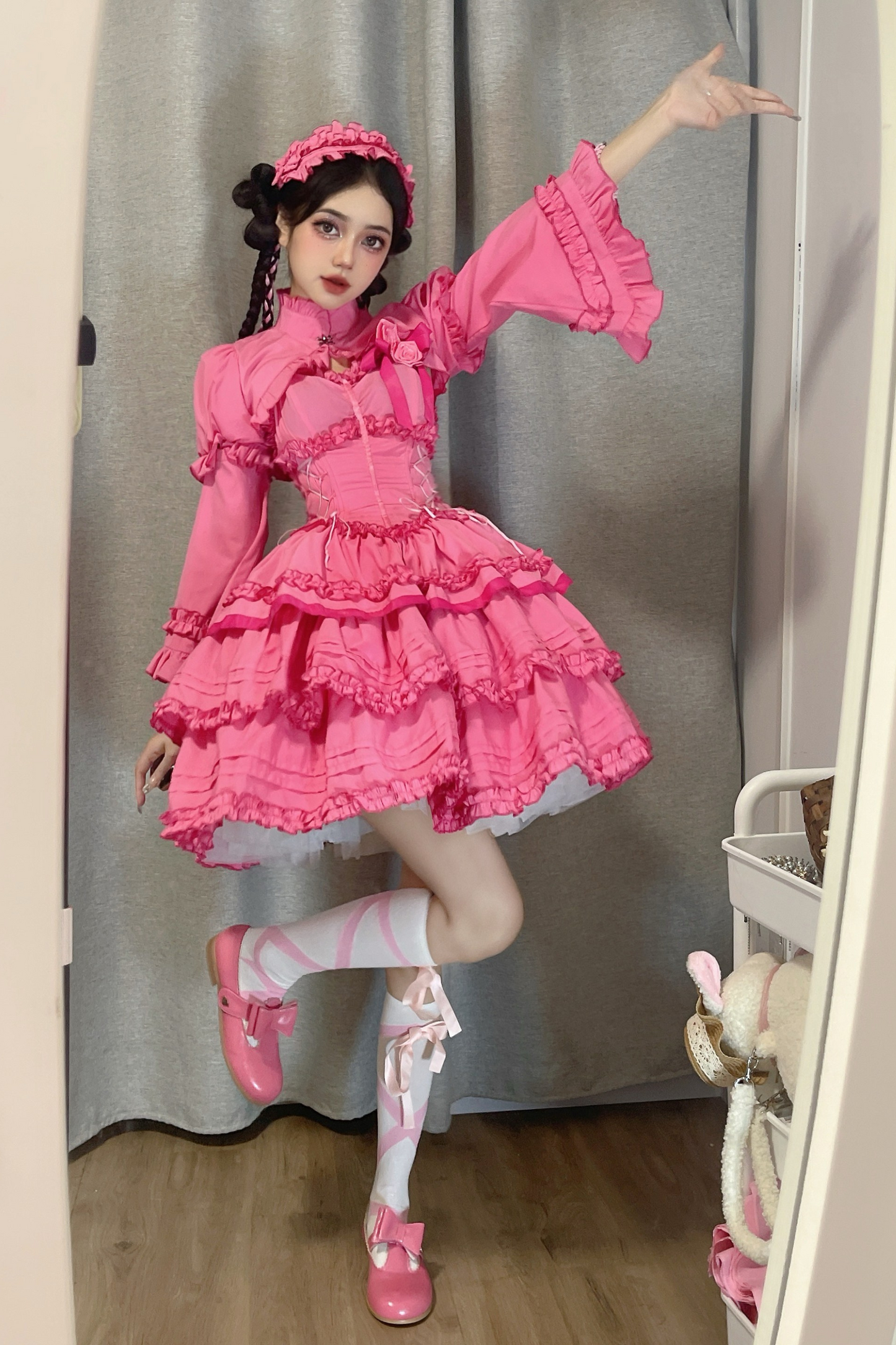 ゴシックレトロヘリンボーンウエストスリミングロリータドレス