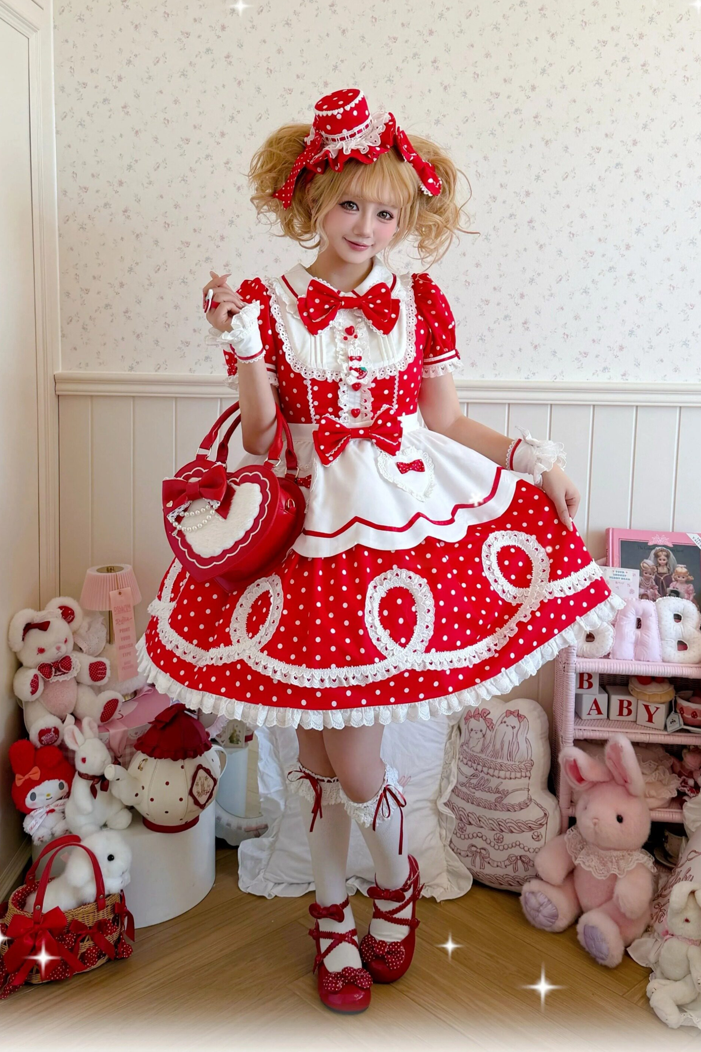 [Vorbestellung] Retro-Puppenartiges Lolita-Kleid + Haarband + Clip + Haube + Hut