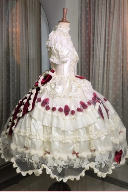 [3월 13일 예약마감] 스트로베리 크림 롤리타 원피스 + 케이크 모자 + 꼬리 + 보닛 + 페티코트