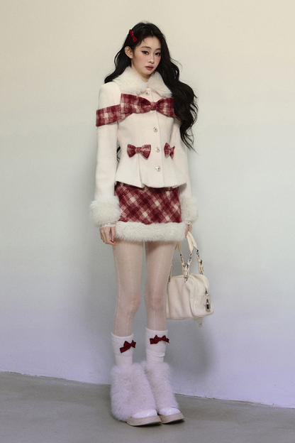 Check Ribbon Coat + Fur Check Skirt