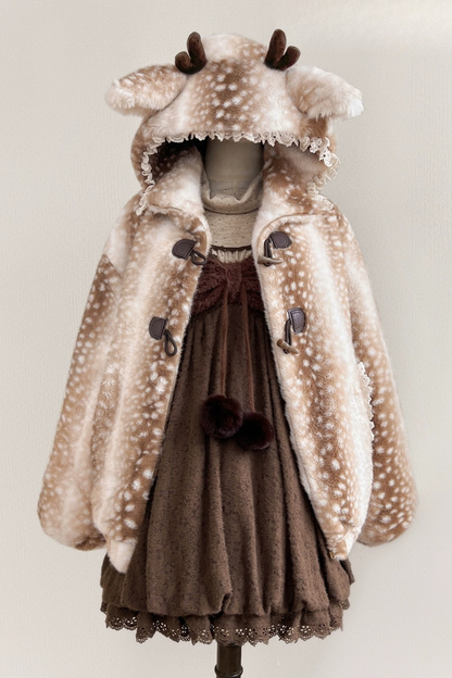 鹿柄フード付きホーンバックルファーコート