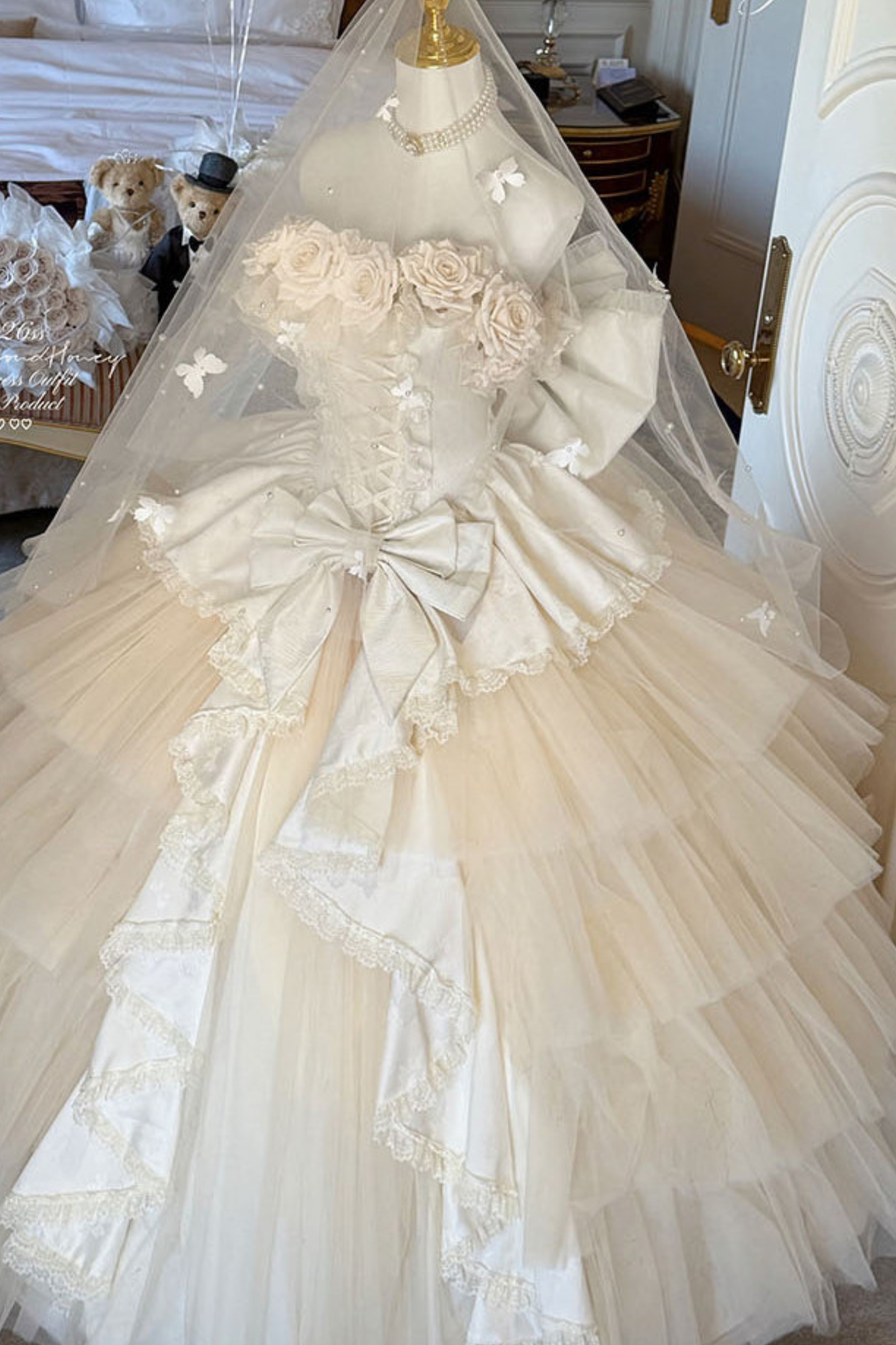 [예약상품] 4월 4일 예약마감]애프리콧 웨딩 로리타 원피스+숄+소매+리본 테일+베일