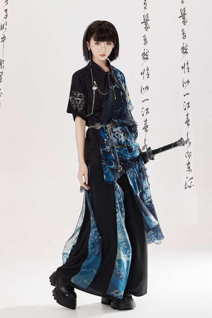 ダークチャイナシャツ+ワイドレッグパンツ+チェーン+ベルト