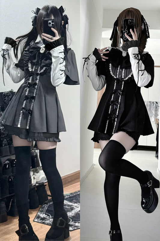 Ensemble complet robe à volants avec ruban bijou gris-noir+manches longues+pantalon court