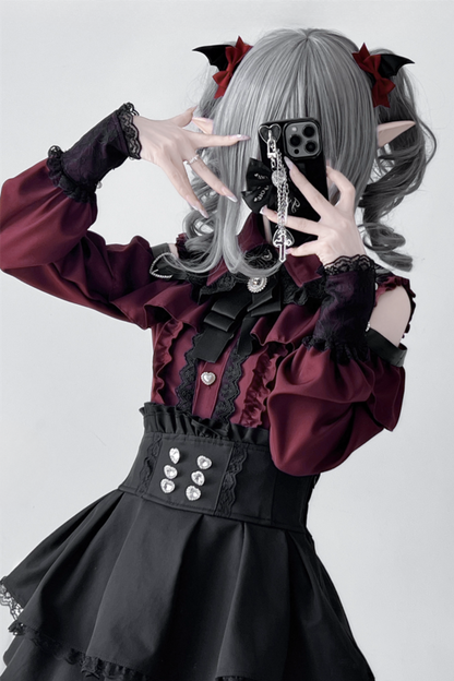 [Deadline for reservations: October 15] Open Shoulder Heart Leather Strap Ruffle Ribbon Shirt