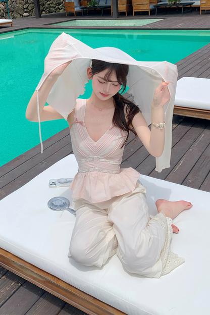 スイートショルダーリボンノースリーブトップス＋レースワイドパンツ