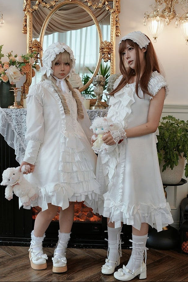 [November 15 Reservation Deadline] White Doll Style Front & Back Two-Way Ruffle Ribbon Lolita Dress (Short/Long) + Matching Shorts (Short/Long) + BB Hat