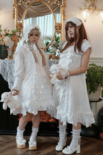 [November 15 Reservation Deadline] White Doll Style Front & Back Two-Way Ruffle Ribbon Lolita Dress (Short/Long) + Matching Shorts (Short/Long) + BB Hat