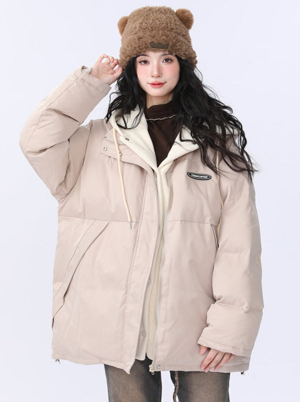 Korean Style Faux Two-Piece Hooded Loose Cotton Coat